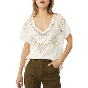 Free People Lyla Cotton Cutout VNeck Top White SZ S Boho Chic Festival Oversized